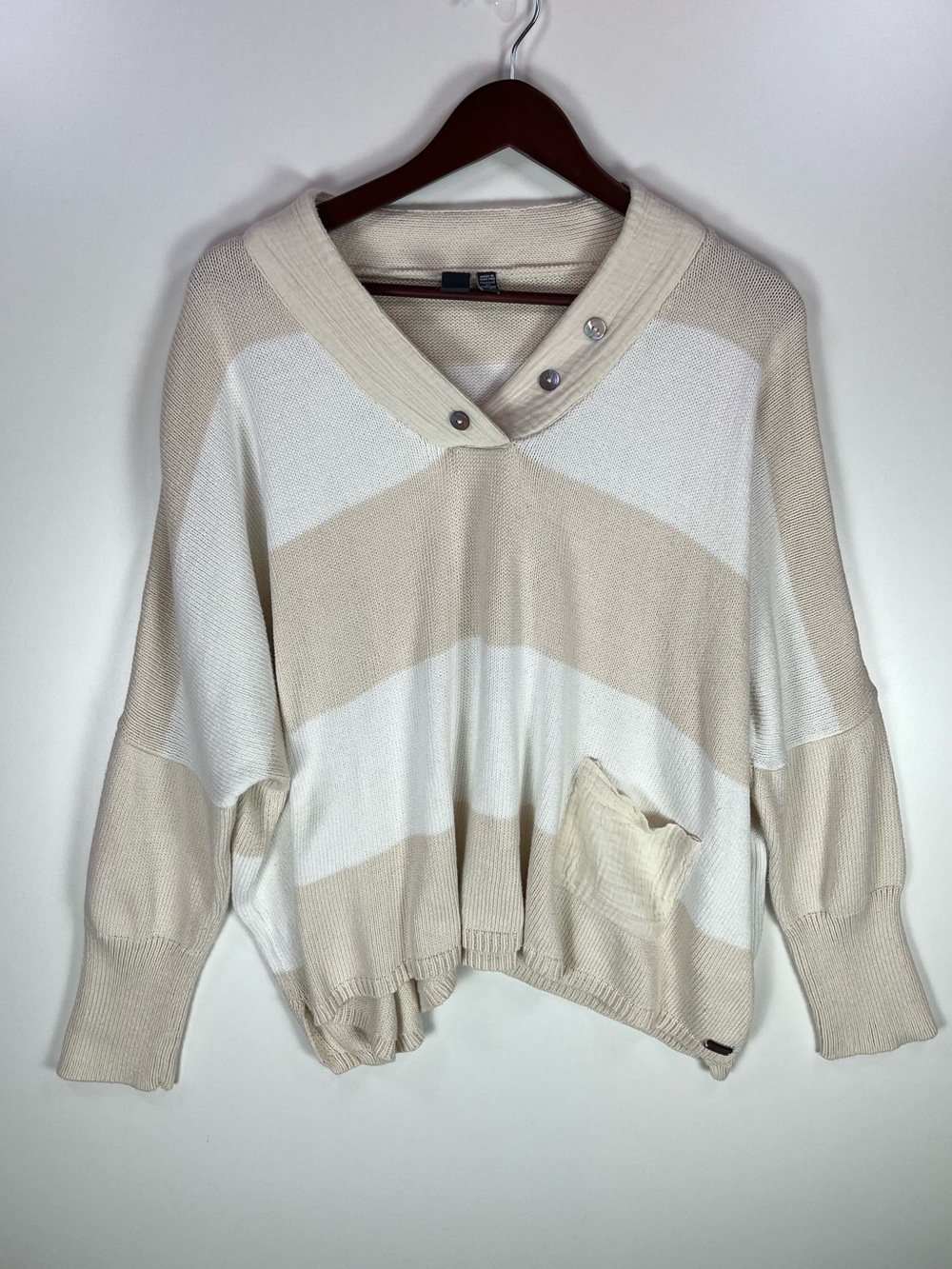 Shannon Passero 100% Cotton Cream White Striped Oversized V-Neck Sweater Large